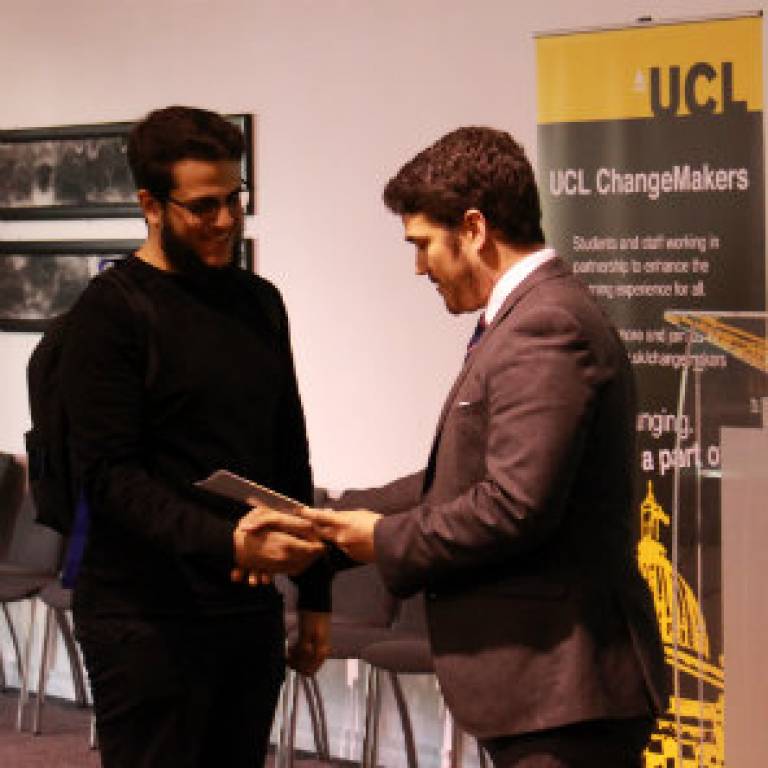 Derfel Owen, the Director of Academic Services, formally presented certificates, signed by the Provost, to the students and staff who had undertaken projects for UCL Changemakers