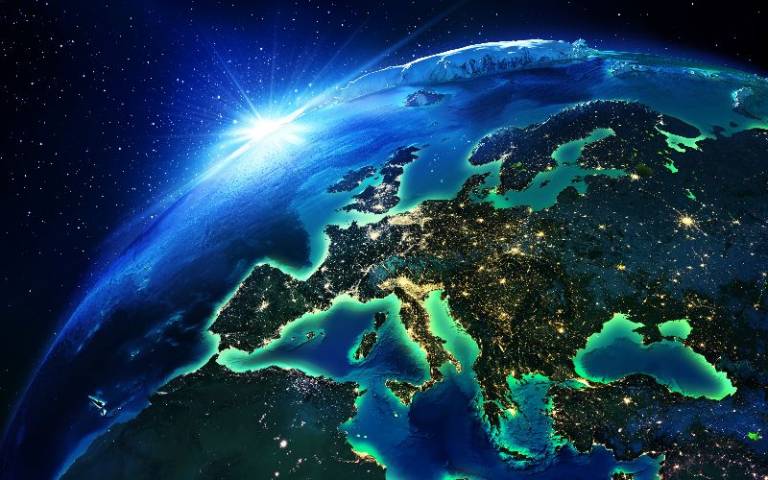 3-D rendering of Europe at night on the earth from the sky