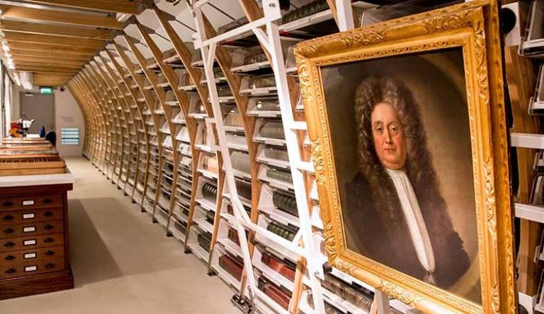 Historical collections room with portrait of Sir Hans Sloane