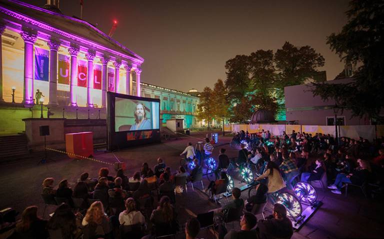 Image of UCL’s annual bike-powered cinema during the Welcome Week – which saves energy through people power. 