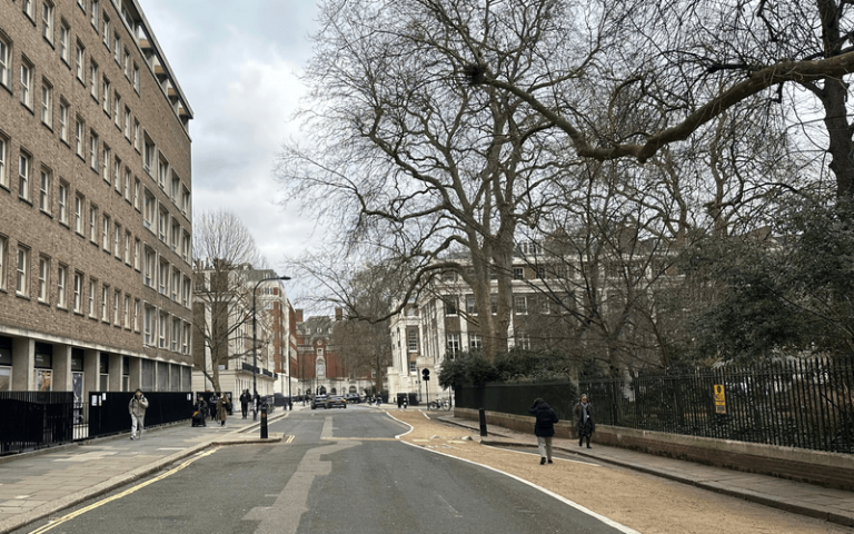 Gordon Square with a cycling lane along the right side of the road