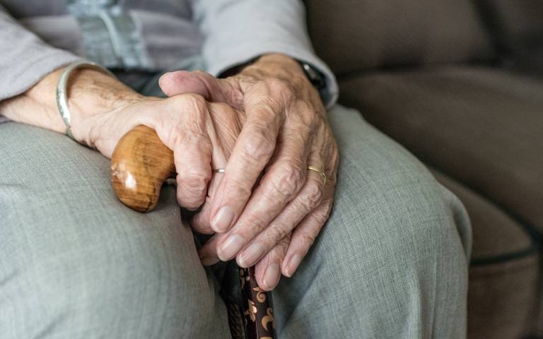 hand of an elderly woman holding a walking stick