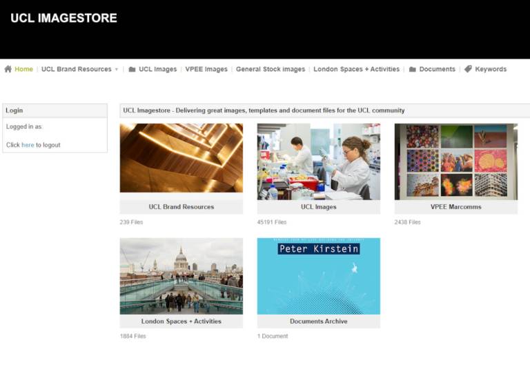 A view of the UCL Imagestore landing page, showing the 'UCL Brand Resources' tab in the top left of the screen.