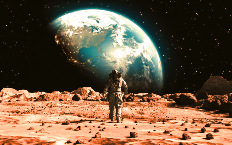 Illustration of astronaut walking on Mars towards Earth 