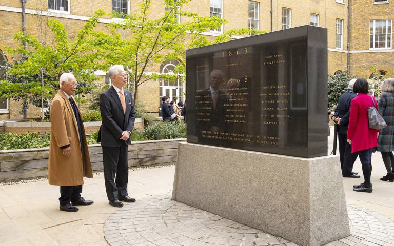 His Excellency Hajime Hayashi and Mr Keisaku Sano (Sakura Cherry Tree Project) at UCL's Japan Monument