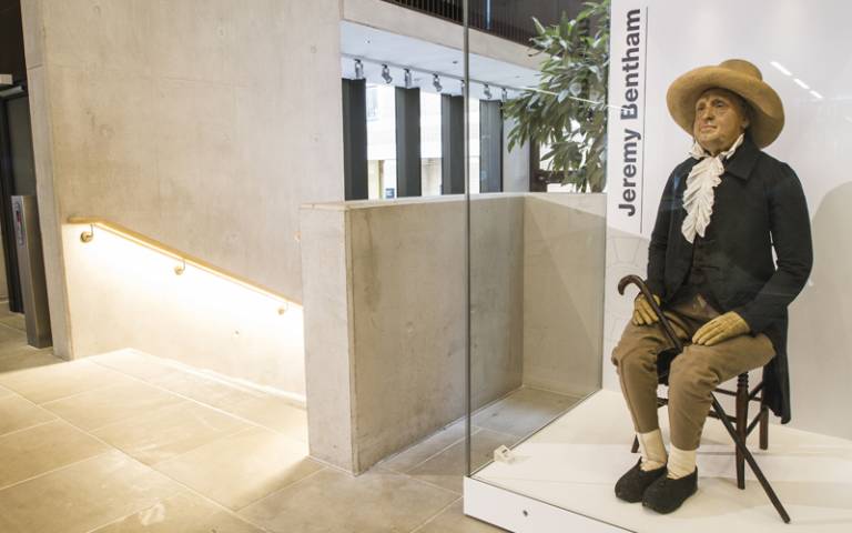 Jeremy Bentham's auto-icon in its new location in the Student Centre