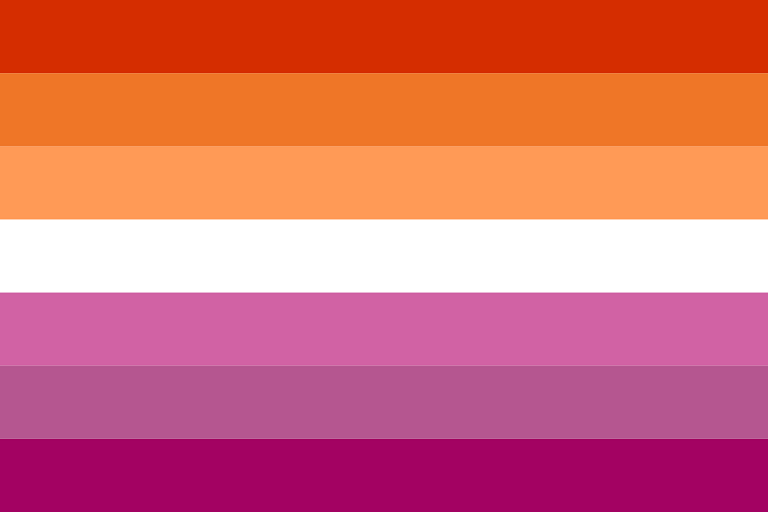 The Lesbian Pride flag, featuring seven coloured stripes in shades of orange, pink and white