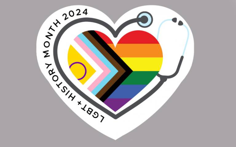 LGBT+ History Month 2024 logo. The theme is Medicine #UnderTheScope, and the logo features a heart-shaped LGBTQ+ flag surrounded by a graphic of a stethoscope.