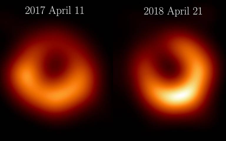two images of the supermassive black hole M87, one from 2017 observations, the other from 2018 observations