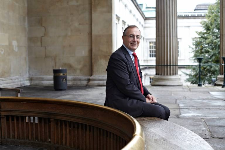 UCL Provost Michael Arthur, sitting outside the UCL Portico
