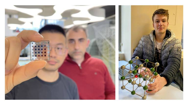 Left, ICFO researcher Yongjie Wang holding the device in his hand with Professor Gerasimos Konstantatos. On the right, UCL & Imperial College researcher Seán Kavanagh with an atomic model of the nanocrystal structure.