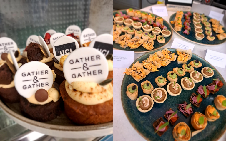 Iced cupcakes with Gather&Gather branding, and large platter plates with savoury hors d'oeuvres