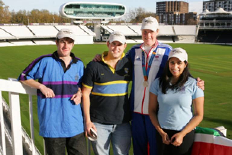 Graham McNicholl (UCL Union rugby), Ed Harrison (Medical School hockey), Frances Houghton and Vishali Thakrar at Lord’s Cricket Ground