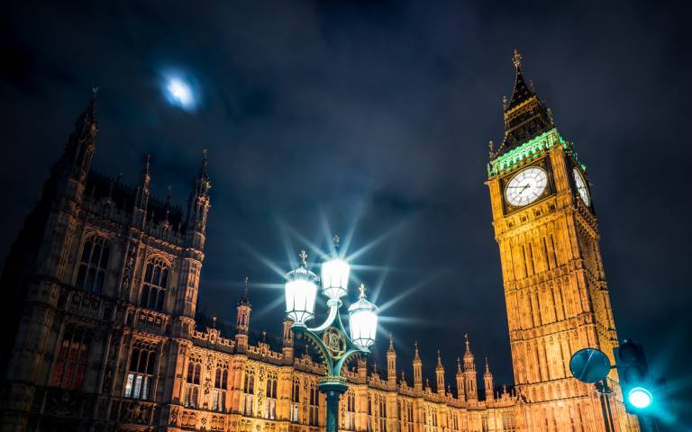 Houses of Parliament with a streetlight in the foreground