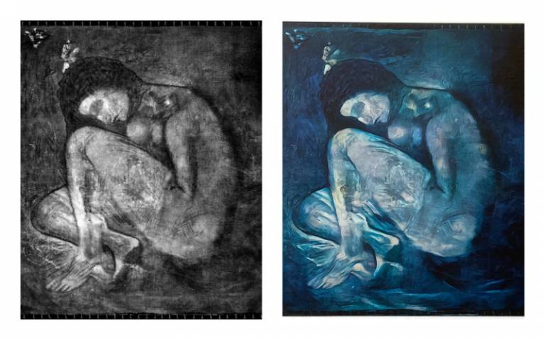 X-ray image of lost Picasso (left), colour recreation (right)