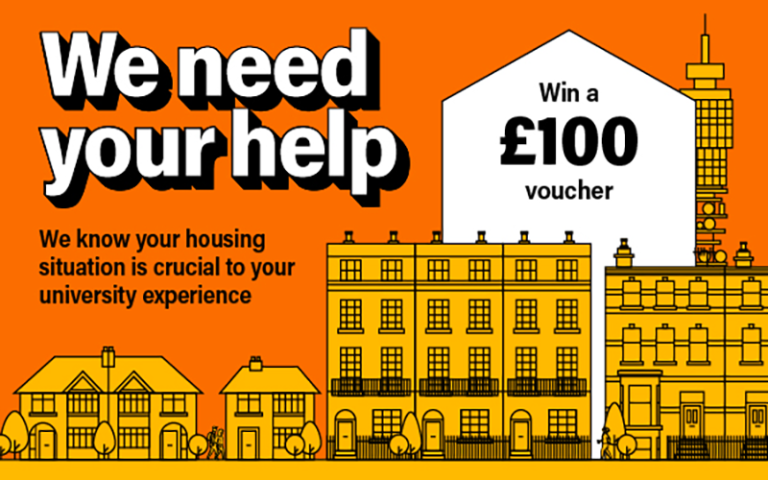 An orange banner showing a house and a call to action to take a survey