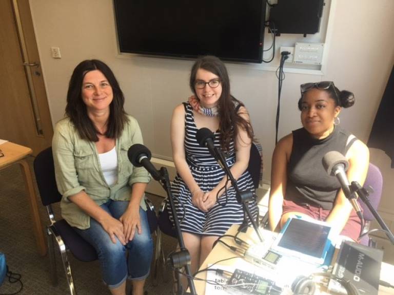 Pictured l-r Dr Caroline Garaway, Emily Garvin and Mahalia Changlee recording a podcast about the project