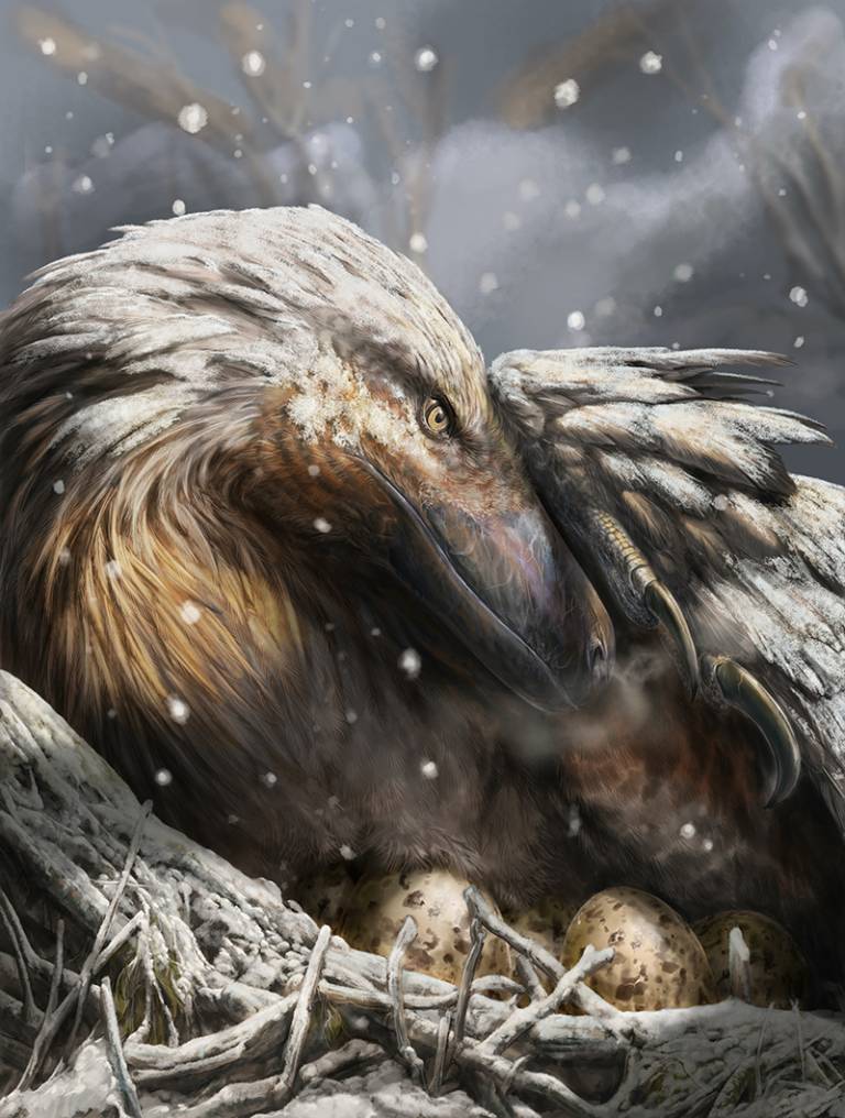 illustration of dromaeosaur in the snow