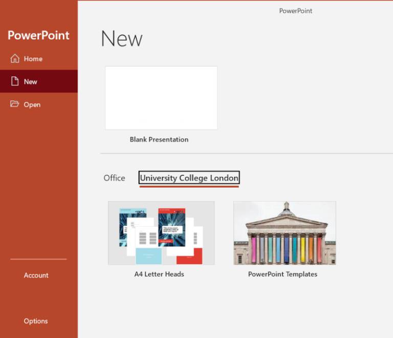Image of the openingn screen on PowerPoint, showing the 'University College London' tab where you can find branded slides 