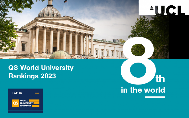 an image of the UCL portico showcasing that UCL is 8th in the world in the QS world university rankings