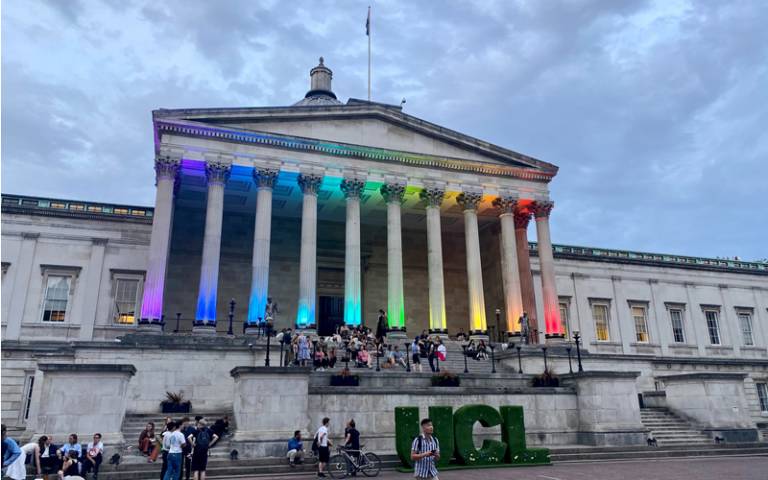 UCL's Portico building lit up in rainbow colours for Pride 2022