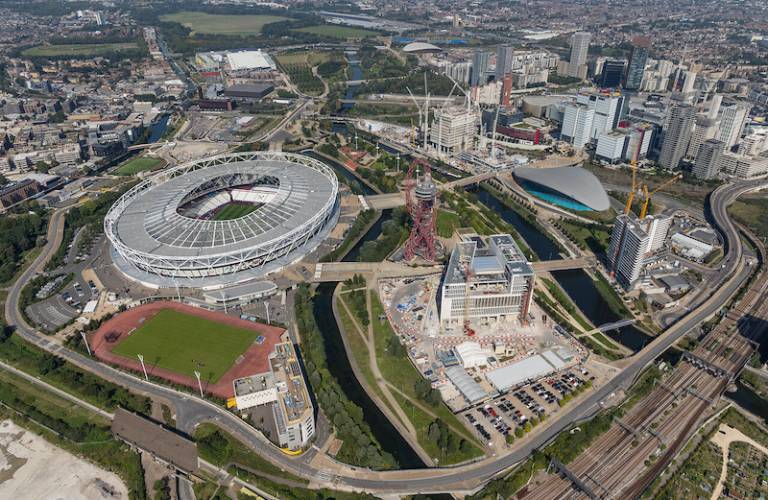 Aerial view of the Queen Elizabeth Olympic Park showing UCL's Pool St West and Marshgate buildings in relation to the London Stadium, Orbit Tower and Acquatics Centre