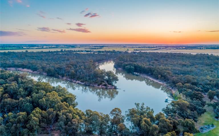Aerial view of Australia's Murray River, at sunset