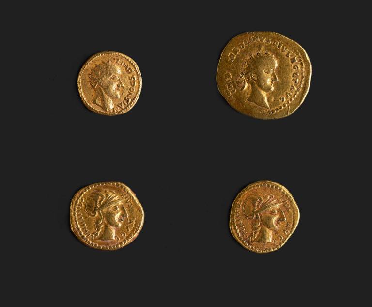 The four gold coins on display at The Hunterian. Top, left to right: Sponsian, Gordian III. Bottom, both Philip I/II.