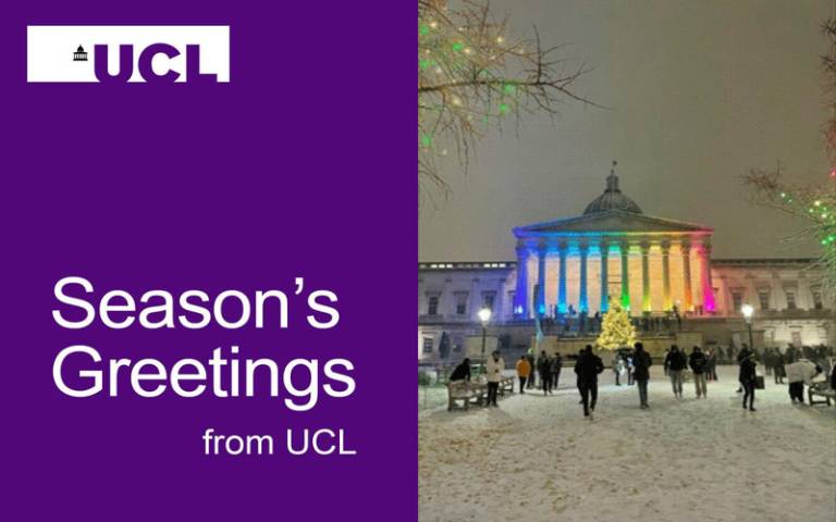 Season's greetings card with a 'Season's greetings from UCL' message and image of UCL's Portico building covered in snow