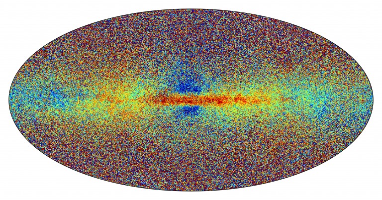 All sky view in Galactic coordinates (HEALPix map) showing the stars in the Gaia DR3 GSP-Spec database (Gaia Collaboration, Recio-Blanco et al. 2022). The colour indicates the stellar metallicity, [M/H], that is the mean abundance of all chemical elements