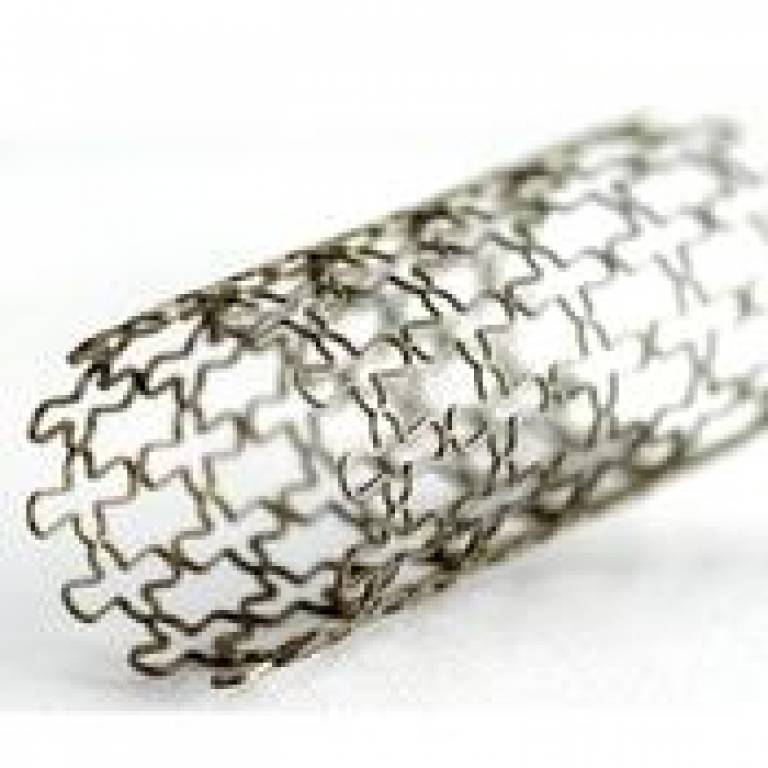 A stent, a small mesh tube used to treat narrowed or weakened arteries.