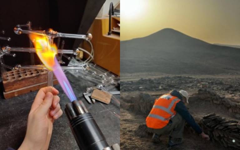 a collage of two photos, one shows a blowtorch melting metal, the second shows a person working on an arcaheology site at sunset.