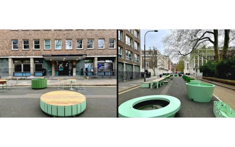 two photos of the pedestrianised Gordon Square, with chairs and tables on the road.