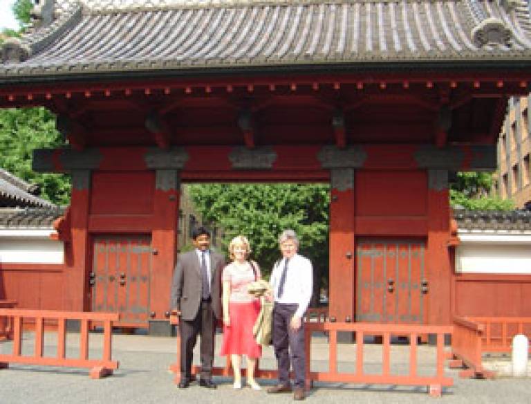 Dr Vivek Mudera, Mrs Sally Brown & Professor Robert Brown outside Tokyo University
