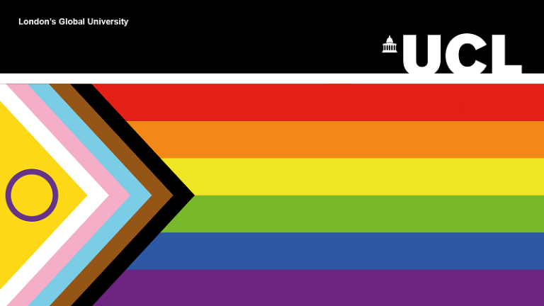 UCL logo featuring the intersex-inclusive Progress Pride flag