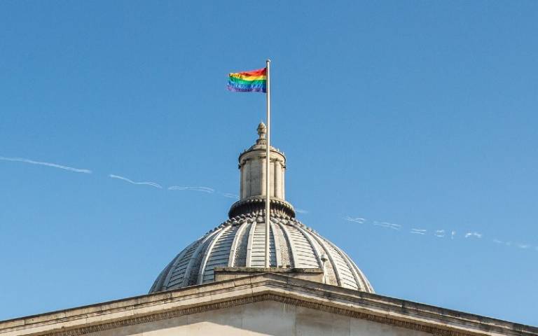 Image of Pride Flag on UCL's Portico building