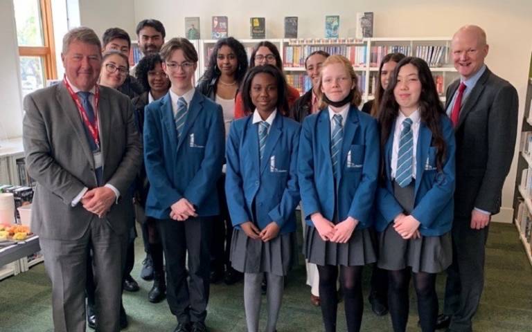 A group of pupils from the UCL Academy standing with Professor Alan Thompson, Pro-Provost (London)