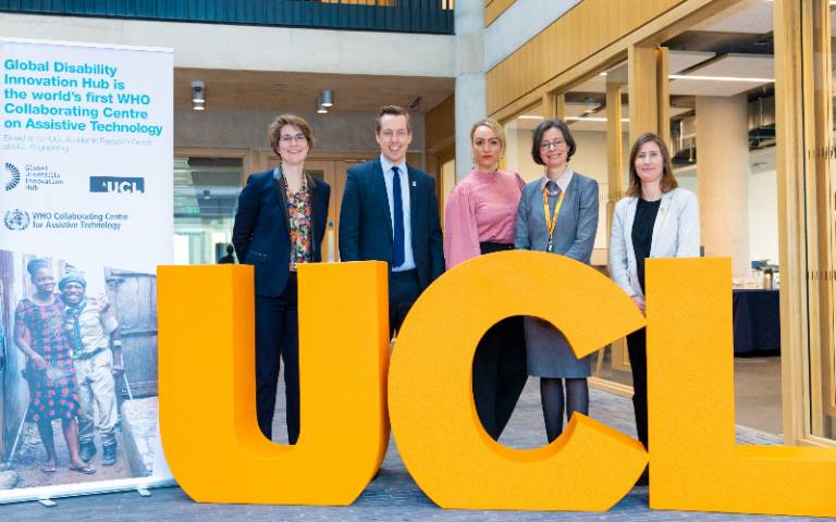 Professor Cathy Holloway, Academic Director UCL GDI Hub Tom Pursglove MP, Minister for Disabled People Vicki Austin, CEO UCL GDI Hub CIC Professor Paola Lettieri, Pro-Provost UCL East  Anna Scott-Marshall, from British Paralympic Association