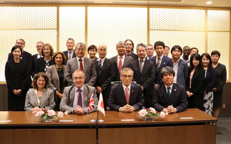 Professor Sir Michael Arthur and UCL academics at an MoU signing with Osaka University colleagues in 2019
