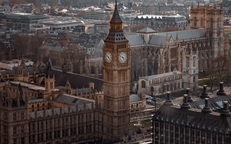 Aerial view of big ben and London cityscape, view from above, dramatic sky