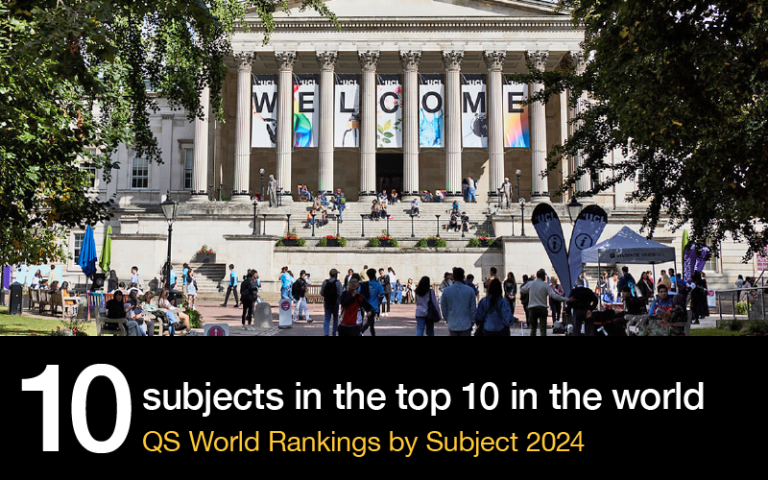 Image of UCL portico with text: 10 subjects ranked in the top 10 in the world, QS World University Rankings by Subject