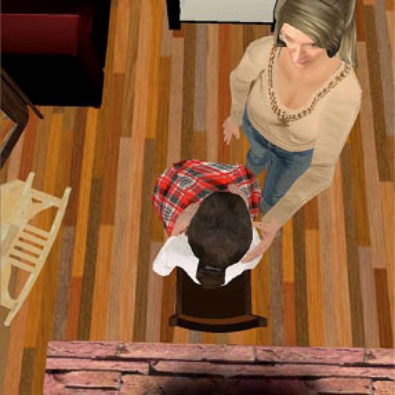 A virtual room showing a woman stroking the arm of a young girl