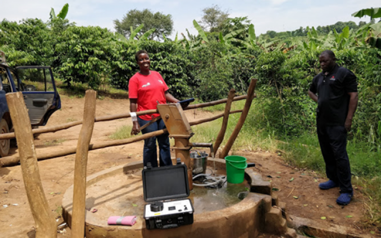 1.	Use of portable fluorimeter to test the quality of water sampled from a shallow well by co-author Jacintha Nayebare in Lukaya Town, Uganda