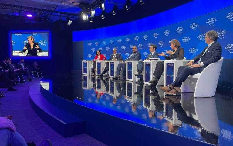 Professor Mariana Mazzucato addresses audience members as part of a panel at the World Economic Forum 2024