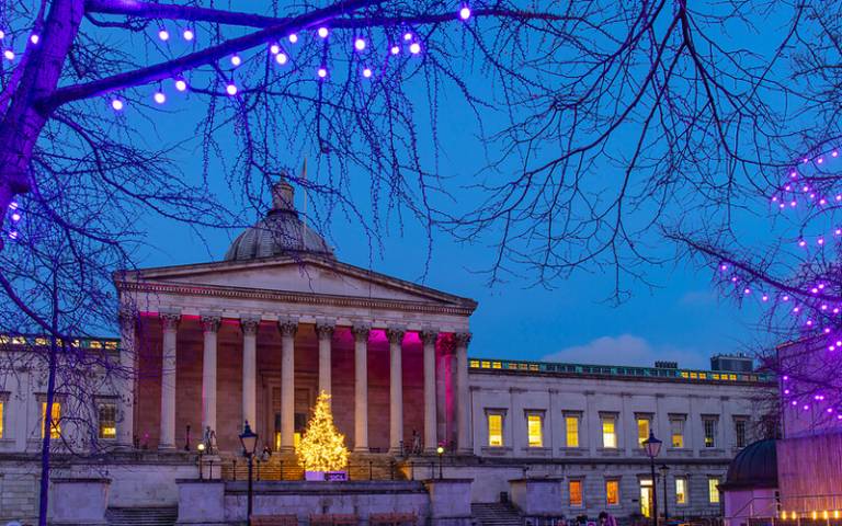 Christmas tree and lights in the Quad at dusk, Christmas 2020