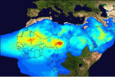 TOMS aerosol index with the Bodélé in red