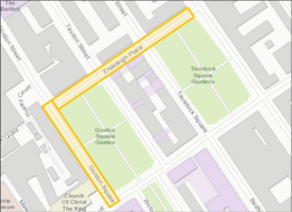 a map highlighting the affected roads on the north and west side of gordon square