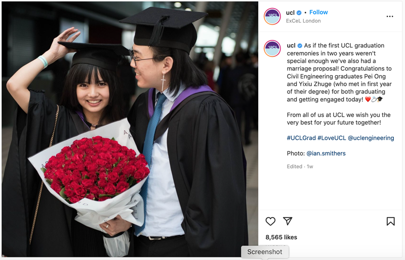 Instagram post from UCL showing an image of the two graduates who got engaged at the March 2022 graduation celebrations, alongside a message of congratulation from UCL.