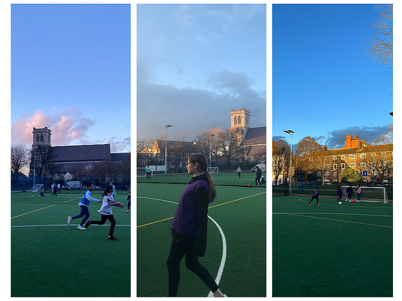 three photos of UCL Women's FC training on an early spring evening