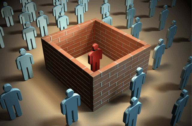 Illustration of person separated from others by a brick wall